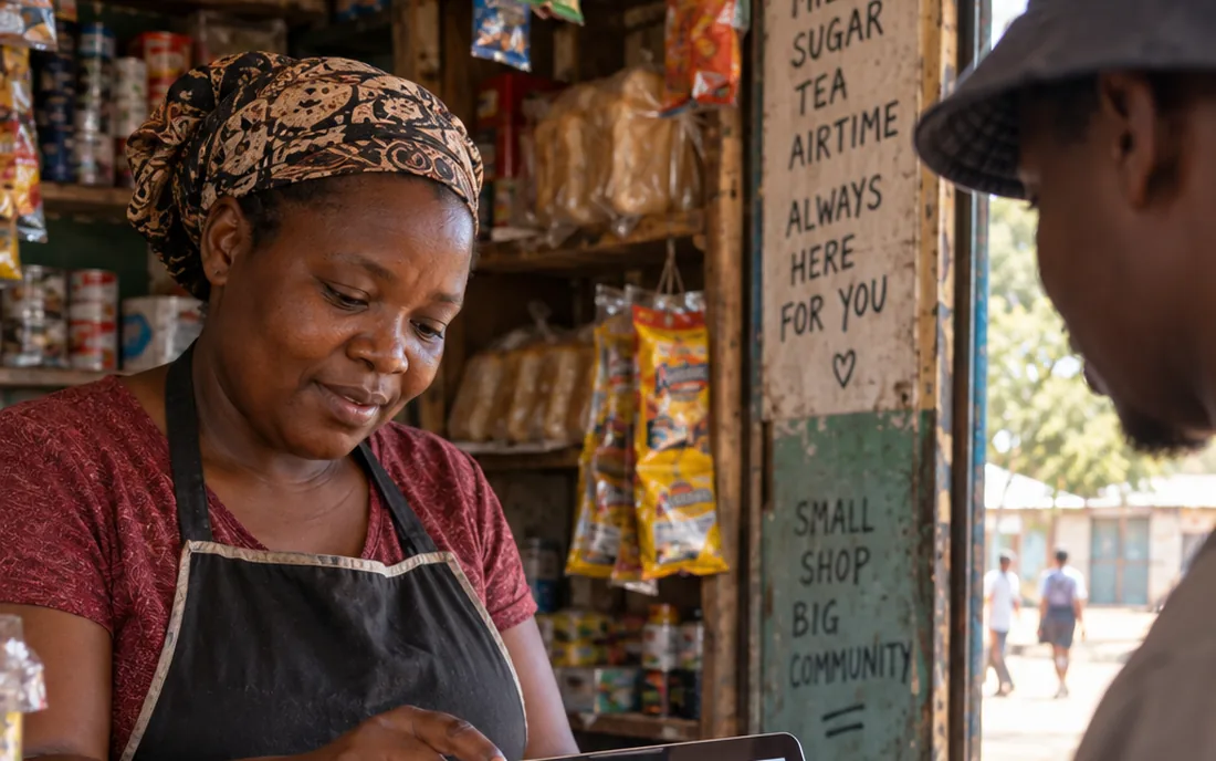 A shopkeeper serving a customer over the counter of a Zimbabwean tuckshop